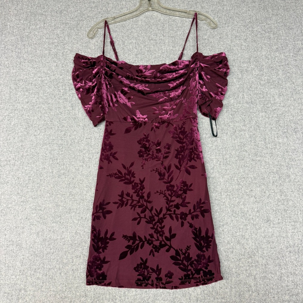 Forever 21 Floral Burnout Velvet Dress Small Burgundy Cold Shoulder Cowl 2414
